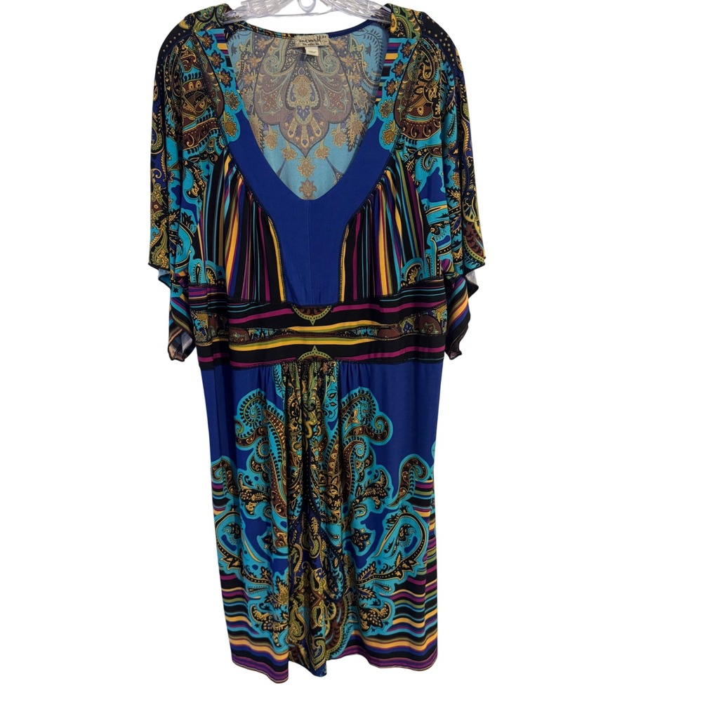 One World Blue Paisley Print V-Neck Smocked Back Dress Womens 2X Boho Artsy